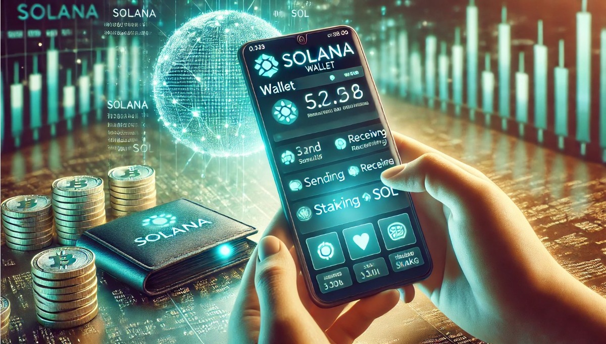 Imagem ilustrativa de um smartphone mostrando a interface de um wallet Solana com informações sobre saldo, transações e staking, ao fundo com gráficos e moedas.