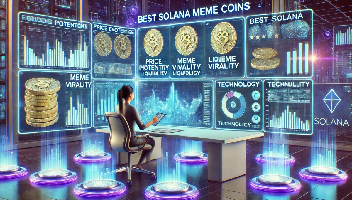 Imagem ilustrativa sobre a análise das melhores memecoins do Solana, destacando preços, liquidez e tecnologia no mercado de criptomoedas.
