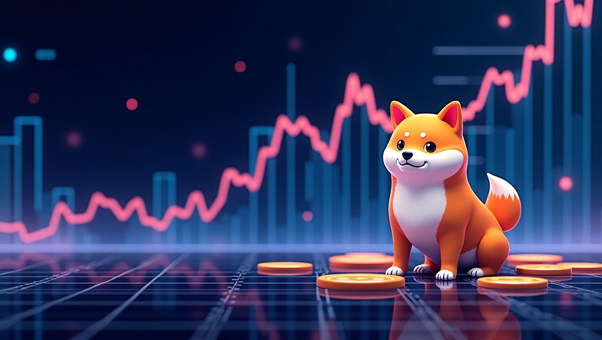 Imagem de um cãozinho estilizado em um fundo digital com gráficos financeiros e moedas, simbolizando investimentos e criptomoedas.