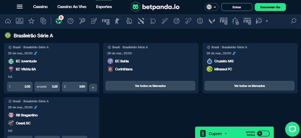 No Betpanda há vários eventos disponíveis para apostar em jogos de futebol do Brasileirão