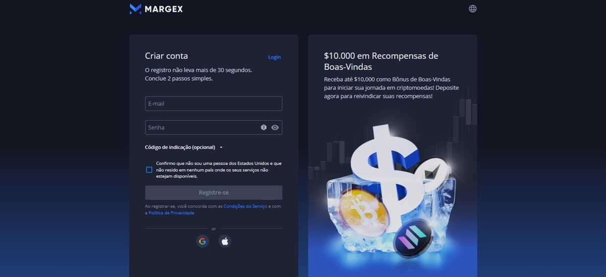 Formulário de cadastro para o Bônus de Depósito Margex