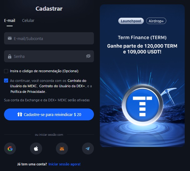 Formulário de Cadastro MEXC permite várias opções de registro
