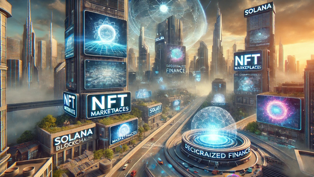 Imagem ilustrativa de uma cidade futurista destacando o conceito de blockchain, NFT marketplaces e finanças descentralizadas com tecnologia Solana ao fundo.