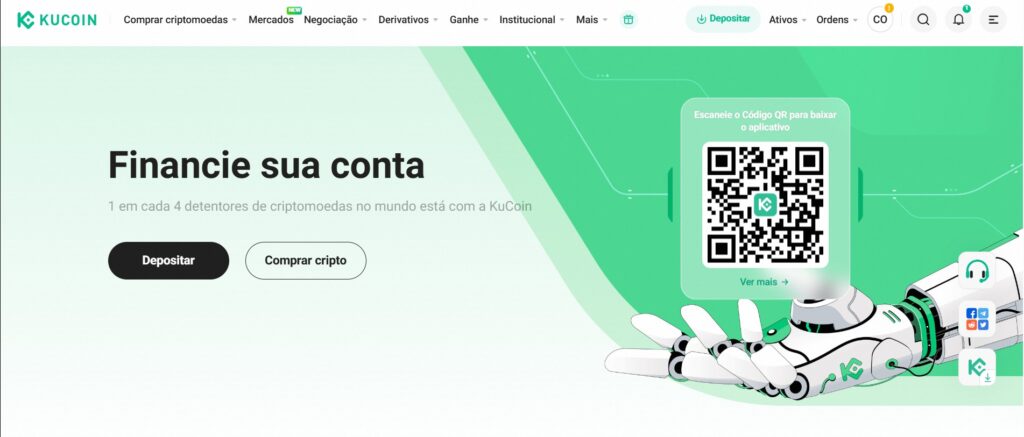 Imagem da plataforma KuCoin destacando a opção de financiamento de conta com um QR Code a ser escaneado. Acesse e descubra como investir em criptomoedas.