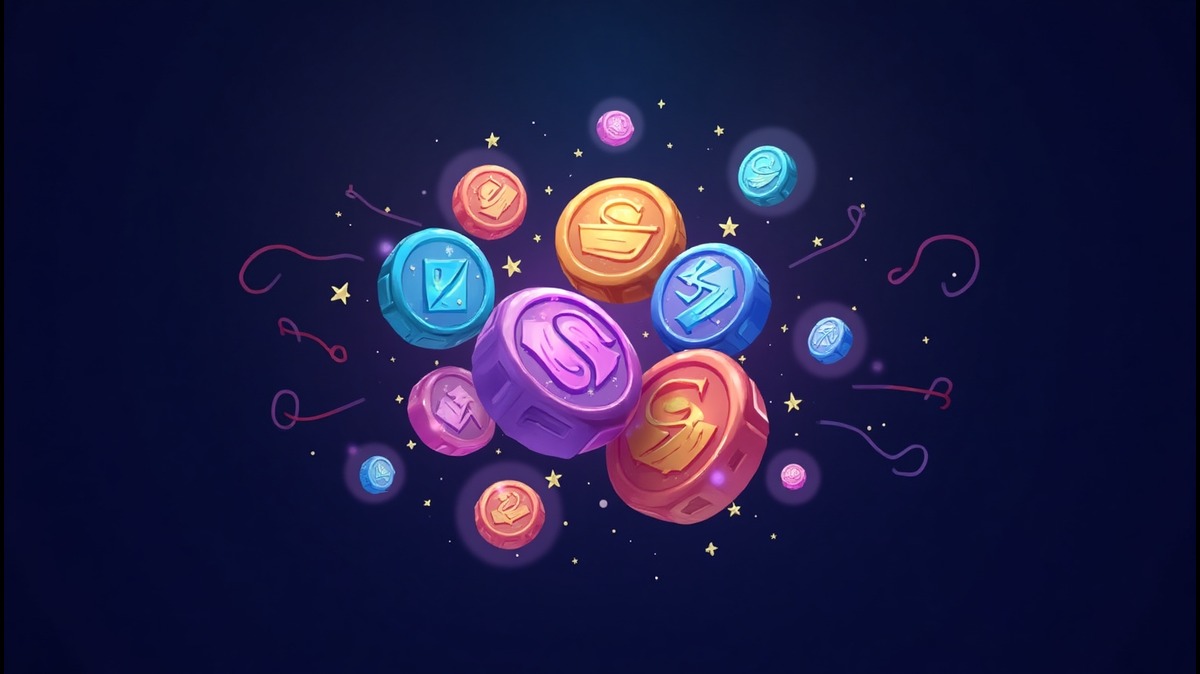 Imagem colorida de moedas mágicas com símbolos variados, flutuando em um fundo escuro, perfeita para jogos e aventuras, representando memecoins da Solana