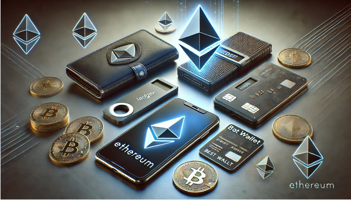 Imagem ilustrativa de criptomoedas com destaque para Ethereum. Mostra carteiras digitais, moedas e acessórios relacionados ao uso de Ethereum no mercado de criptoativos.