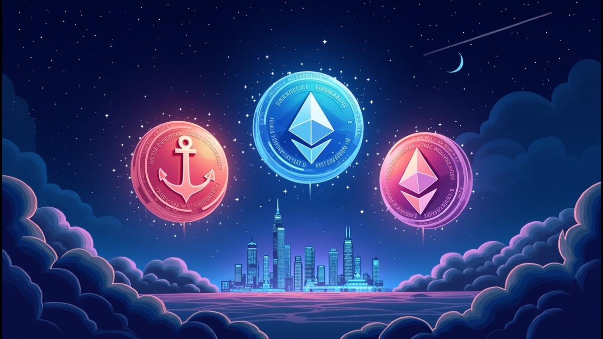 Imagem digital ilustrando moedas de criptomoedas com o símbolo do Ethereum, destacando um cenário de cidade futurista no fundo sob um céu estrelado.