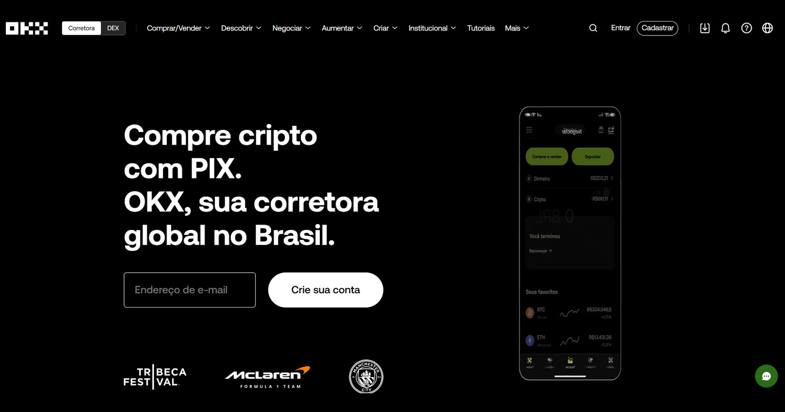 Imagem da plataforma OKX, destacando a compra de criptomoedas com PIX no Brasil e seus serviços de corretora.