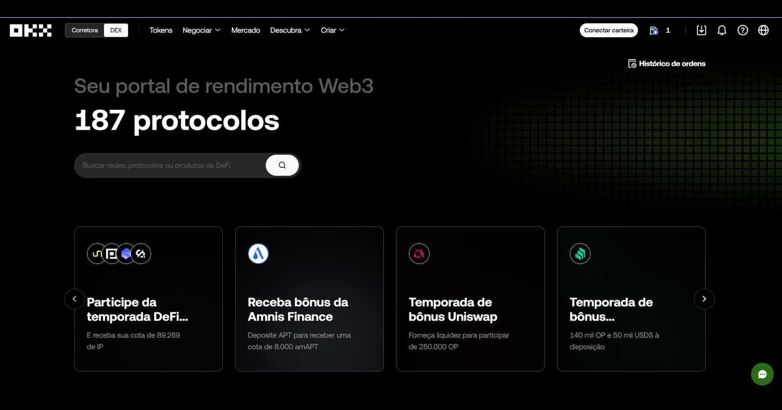 Portal de rendimento Web3 da OKX, destacando 187 protocolos e oportunidades de bônus em diversas plataformas DeFi.