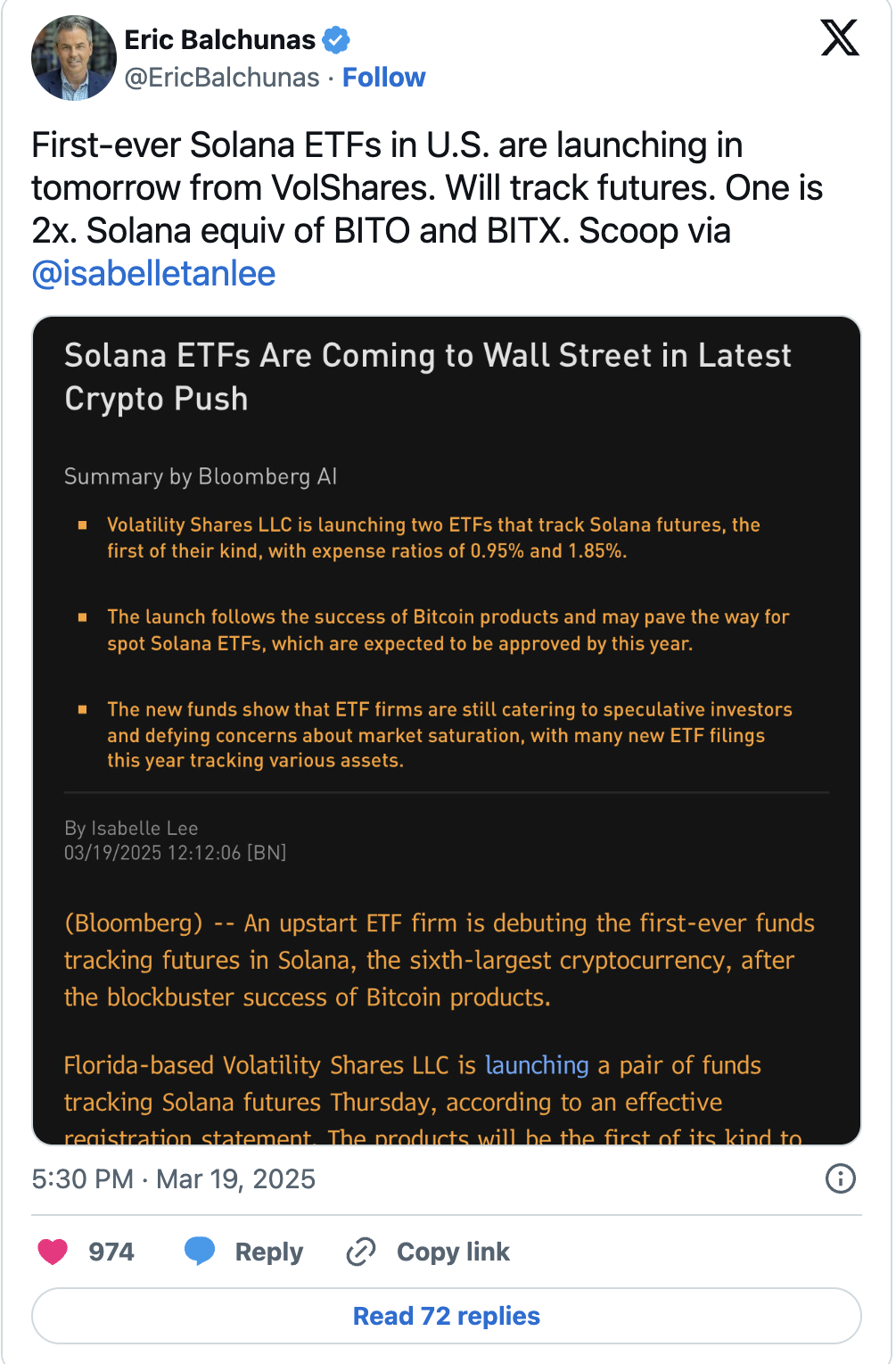 Post no X sobre primeiro ETF de Solana nos EUA.