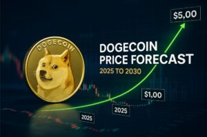 Previsão de preço Dogecoin de 2025 a 2030, exibindo um gráfico de crescimento e os preços projetados de US$ 1,00 a US$ 5,00.