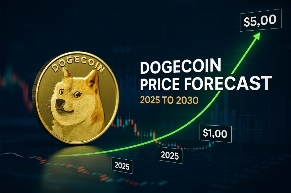 Previsão de preços do Dogecoin de 2025 a 2030, exibindo um gráfico de crescimento e os preços projetados de $1,00 a $5,00.