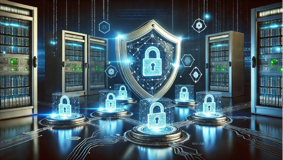 O que é blockchain. Imagem que representa um ambiente de segurança da informação com servidores e cadeados digitais, simbolizando proteção de dados e segurança cibernética.