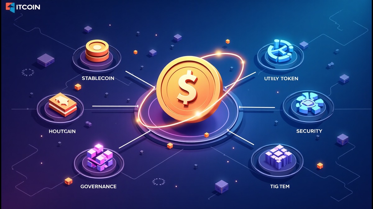 Ilustração sobre criptomoedas destacando diferentes tipos de tokens como stablecoin, utility token e segurança, representados por ícones e um símbolo de dólar