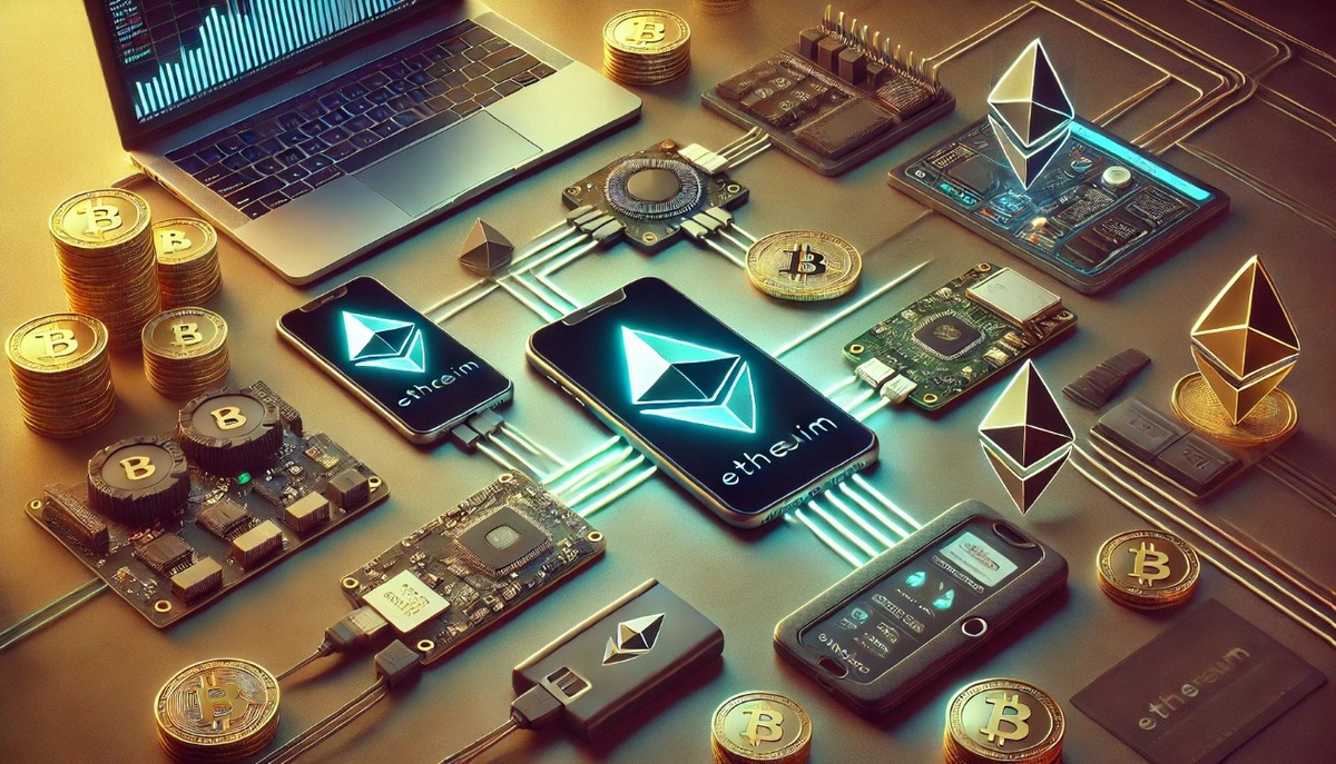 Imagem ilustrativa sobre Ethereum, com smartphones, computadores e moedas digitais destacando a criptomoeda em um fundo tecnológico.