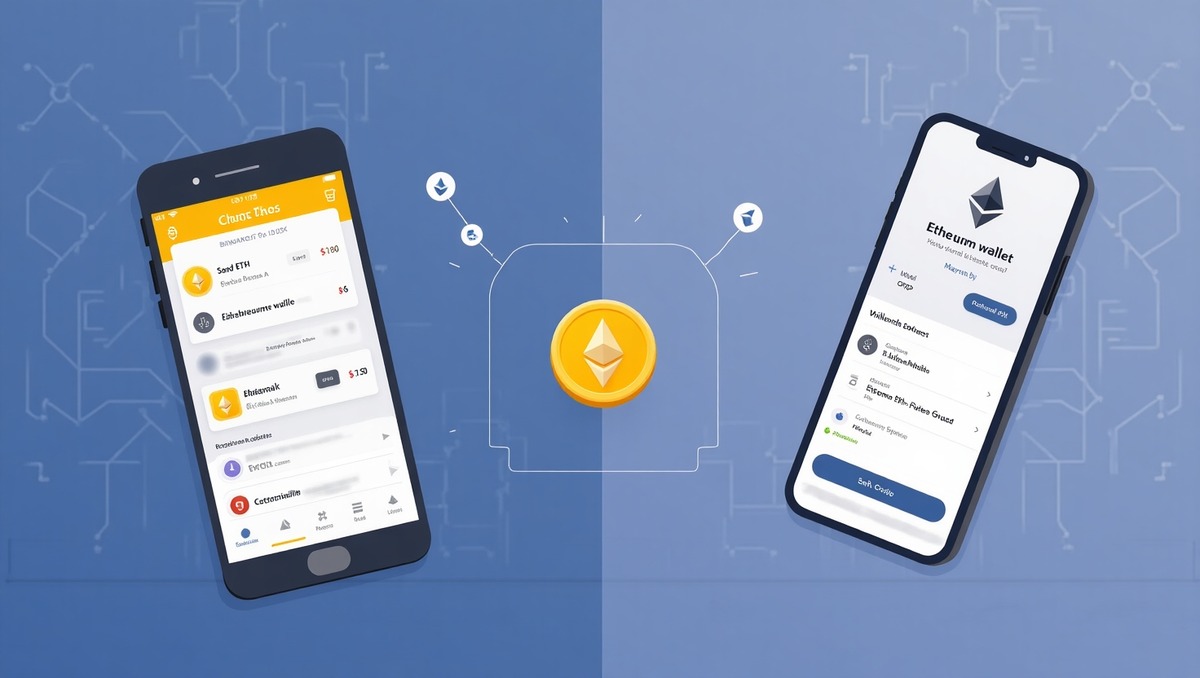 Imagem de duas telas de aplicativos móveis destacando a carteira Ethereum, com um símbolo central em torno do Ethereum. Ideal para quem busca informações sobre criptomoedas e Ethereum.