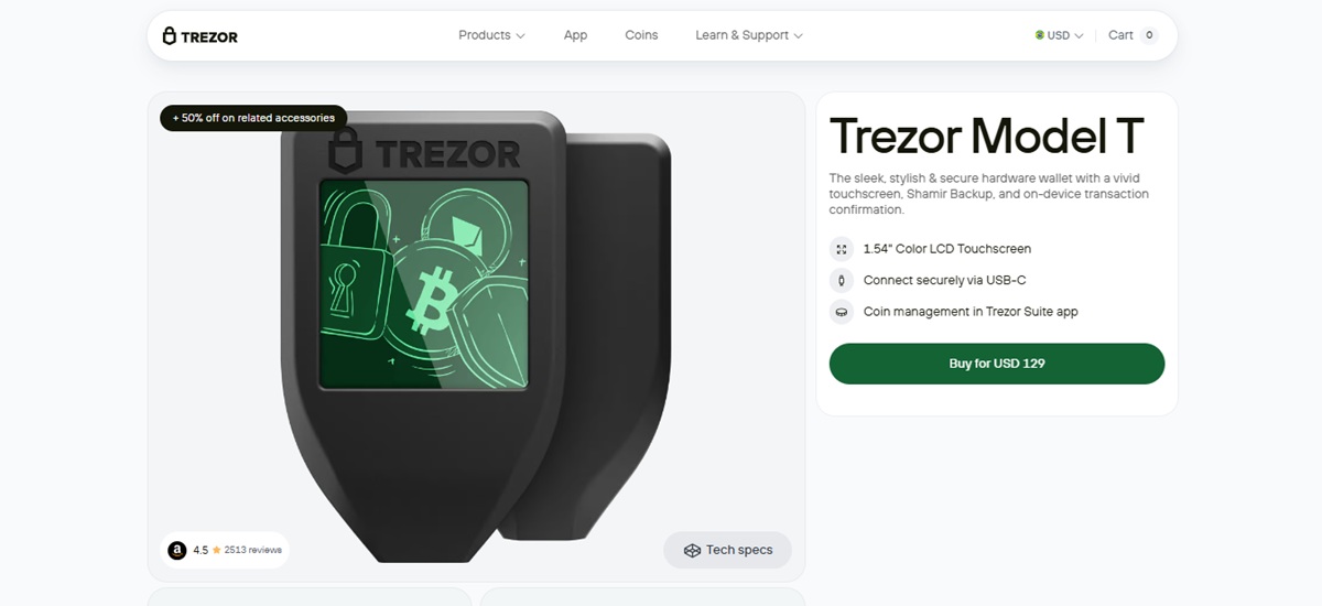 Trezor Model T é uma cold wallet