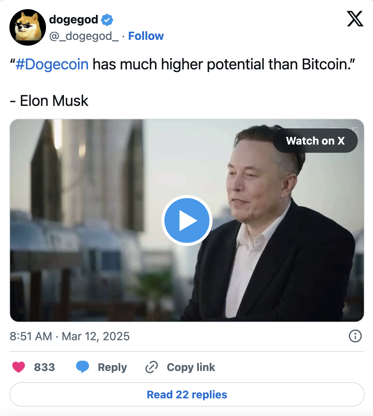 Post X - Elon Musk - Dogecoin