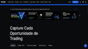 Imagem da plataforma BingX destacando oportunidades de trading e promoções. Captura cada oportunidade no mercado financeiro, ideal para traders.