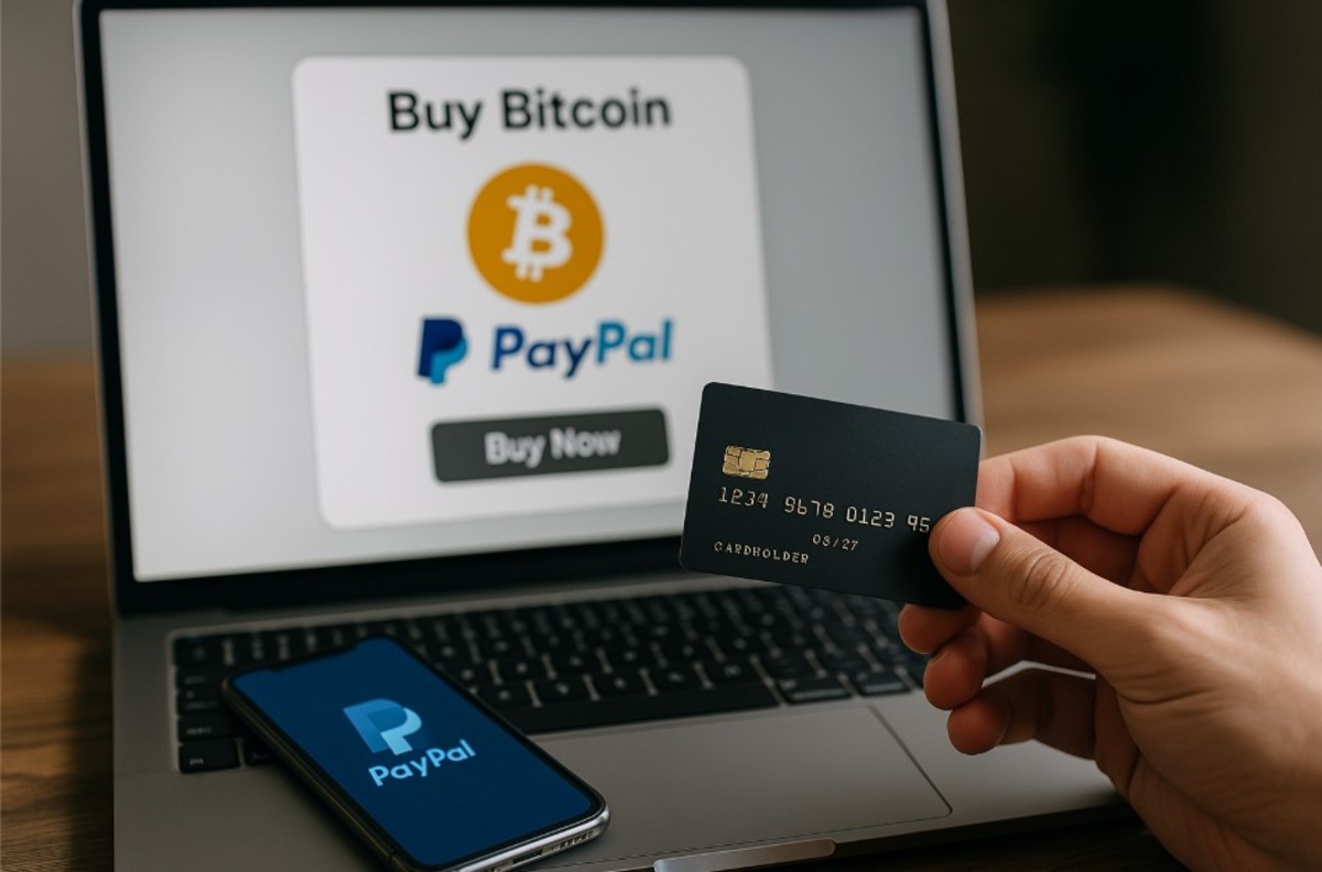 Imagem de uma pessoa usando um cartão de crédito para comprar Bitcoin através do PayPal em um laptop e smartphone.