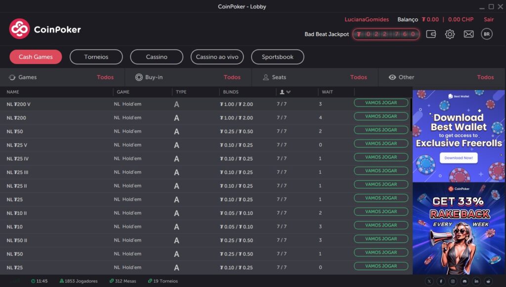 Interface do aplicativo do CoinPoker que pode ser acessado pela conta do CoinCasino