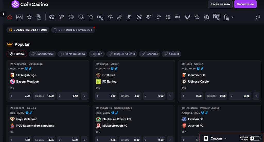 Tela das apostas esportivas em CoinCasino para analise