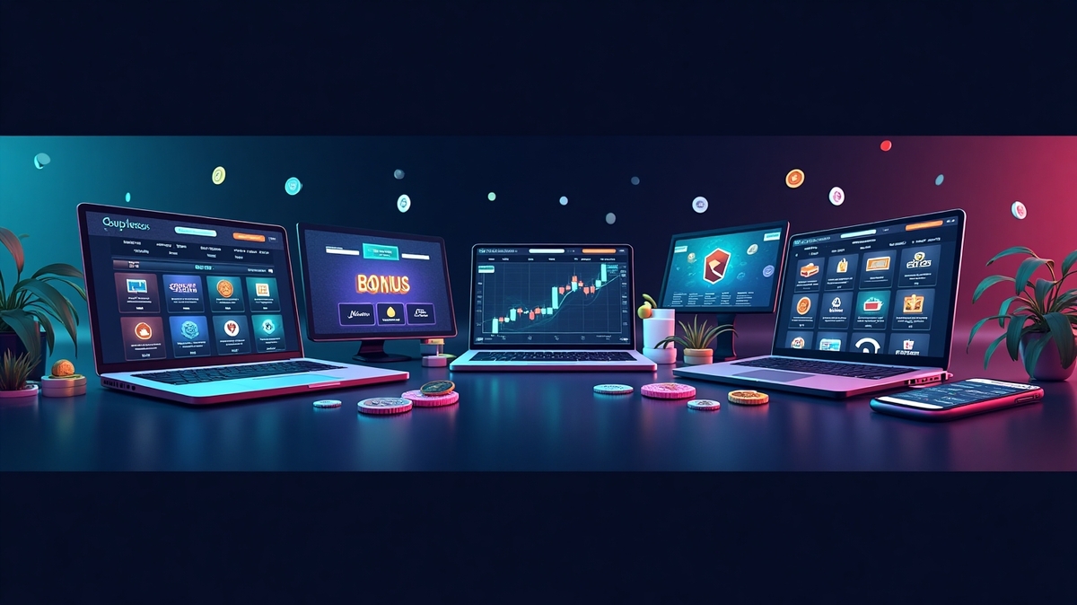 Imagem representando um ambiente de trabalho com vários laptops exibindo gráficos e informações sobre mercado financeiro e bônus, ideal para traders e investidores.