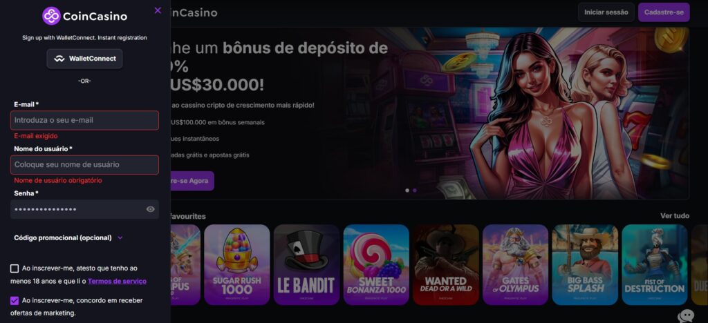 Imagem mostra processo de cadastro em cassino online com preenchimento de email