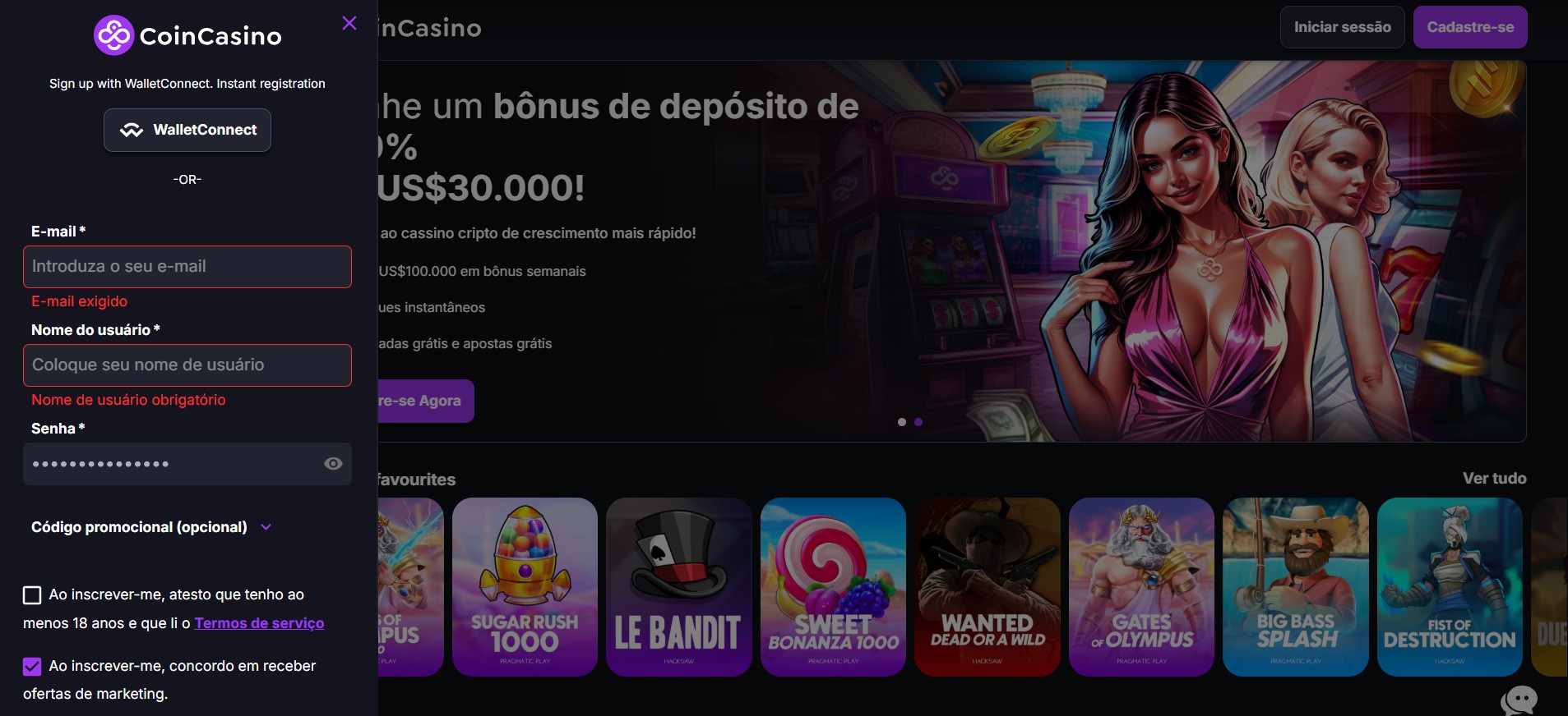Imagem mostra processo de cadastro no CoinCasino com preenchimento de email