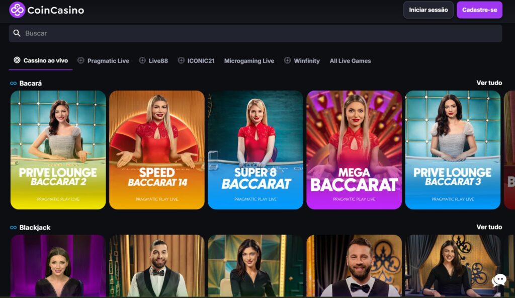 Tela dos jogos de cassino ao vivo do CoinCasino para analise