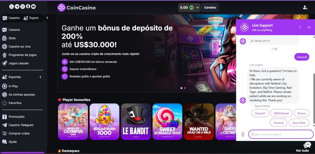 Imagem do chat do CoinCasino 