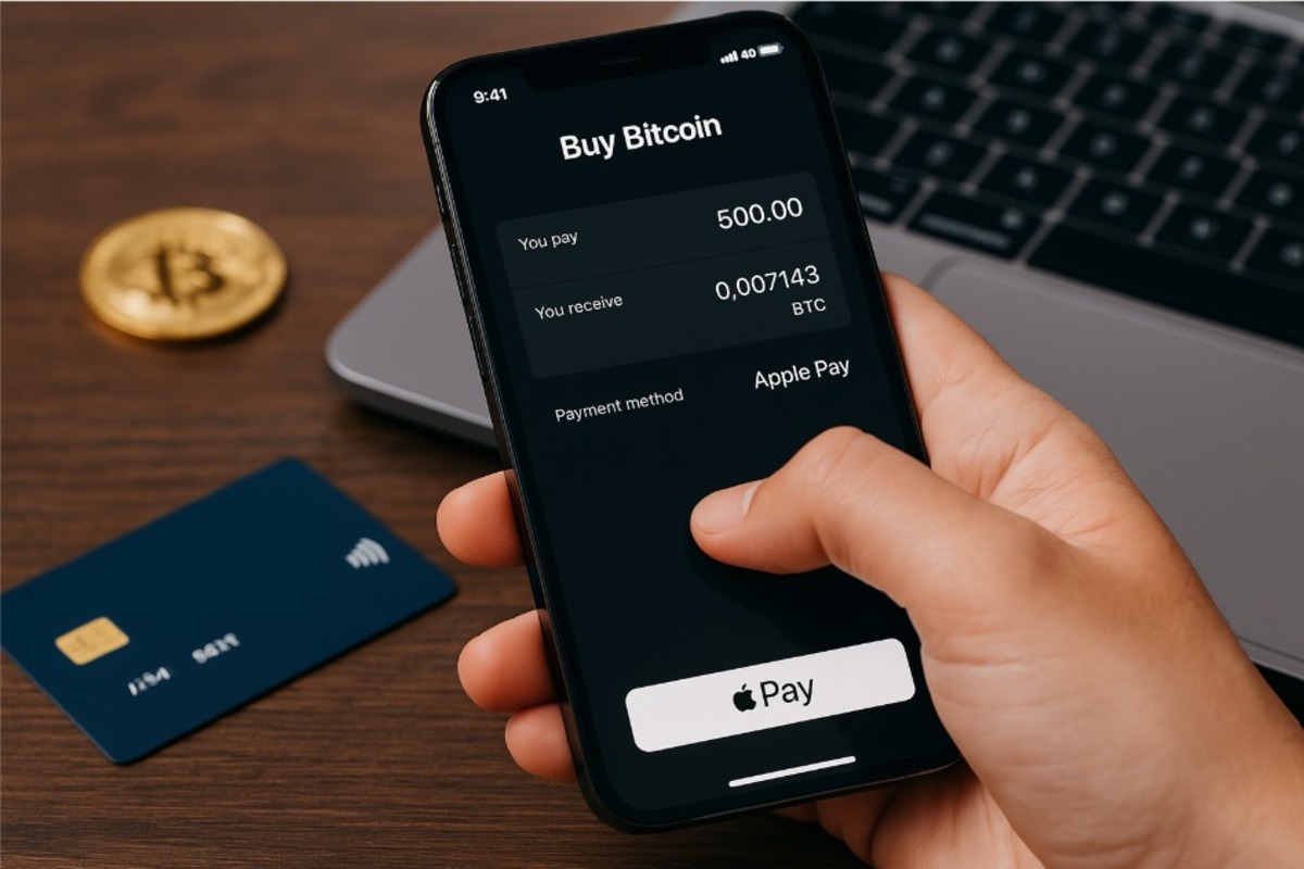 Imagem de pessoa comprando criptomoedas com Apple Pay
