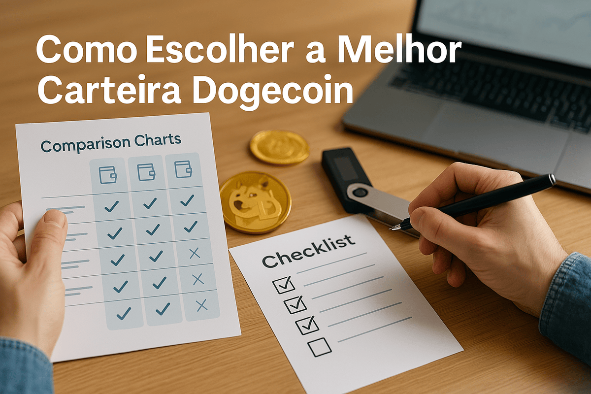 Mão segurando uma lista de comparação e checklist ao lado de moedas Dogecoin e um laptop, ideal para quem busca a melhor carteira Dogecoin.
