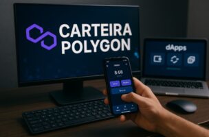 Imagem mostrando a Carteira Polygon em uso, com um smartphone e dois monitores exibindo a interface da carteira e dApps.
