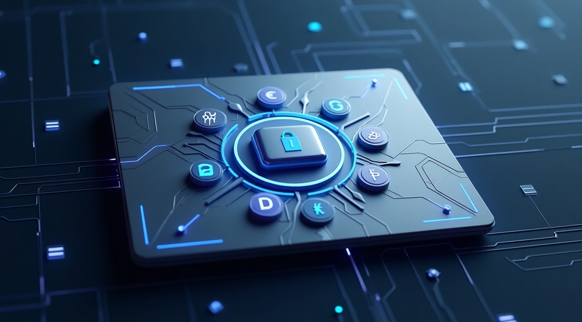 Imagem ilustrativa destacando um dispositivo de segurança digital com ícones de criptomoedas e um cadeado central, simbolizando proteção e inovação tecnológica.