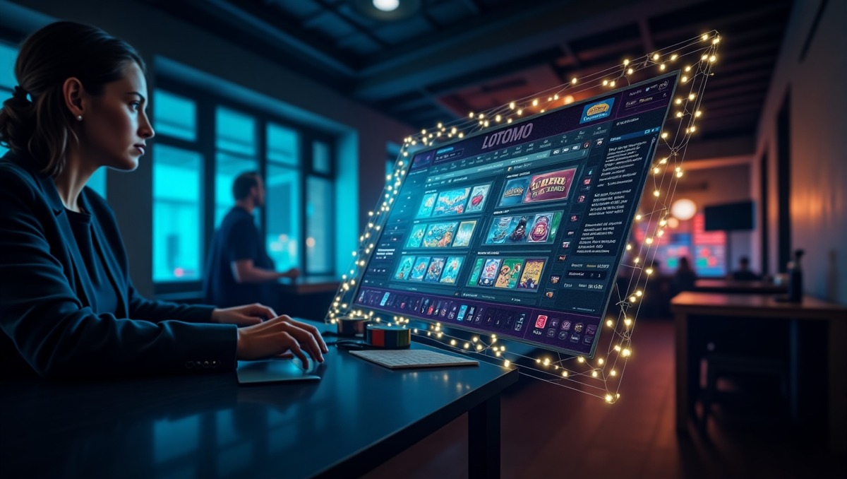 Mulher interagindo com um computador, acessando jogos online em um cassino virtual durante a noite.