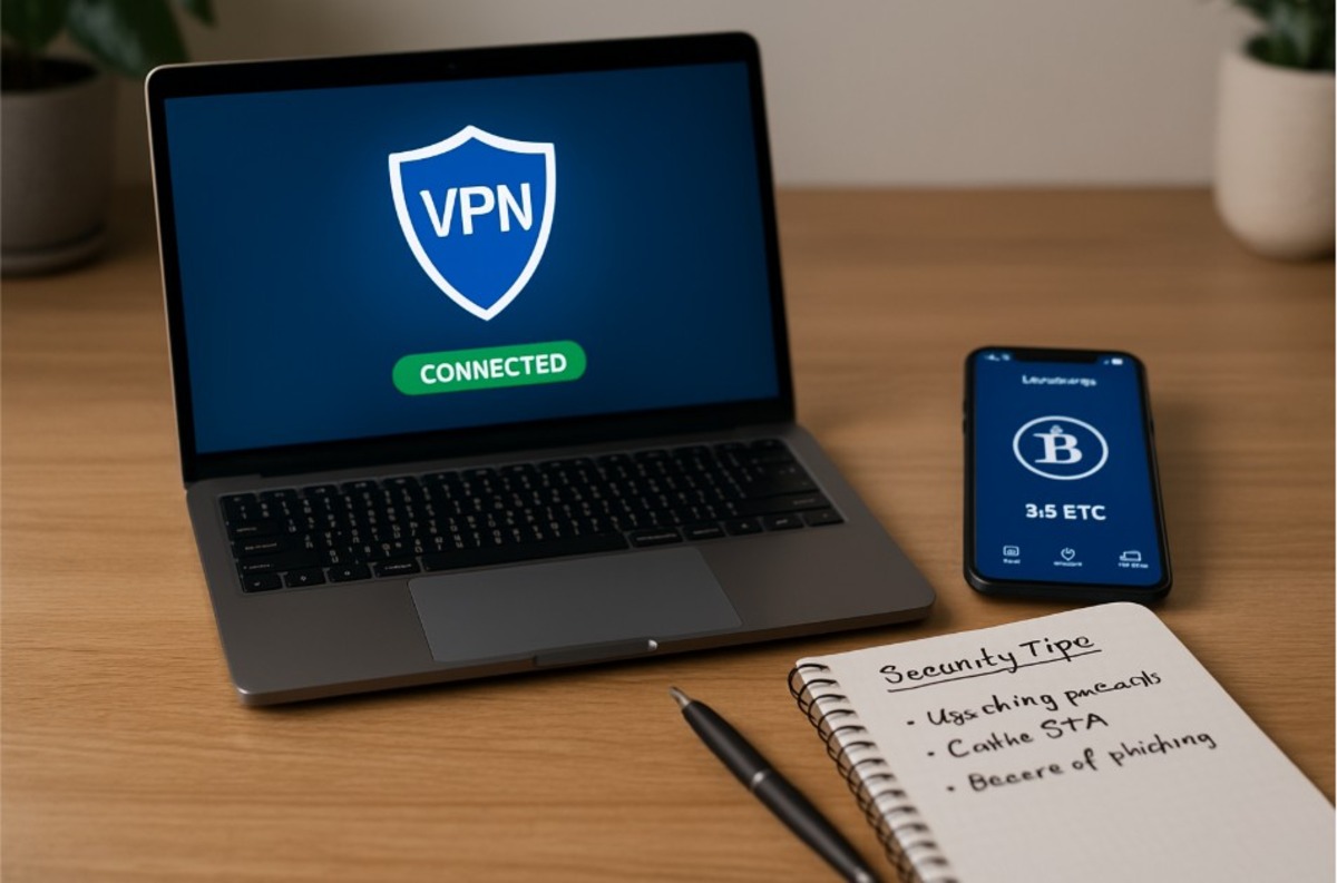 Imagem mostrando um laptop com um ícone de VPN conectado e um smartphone exibindo informações sobre criptomoedas, ao lado de um caderno com anotações de segurança.