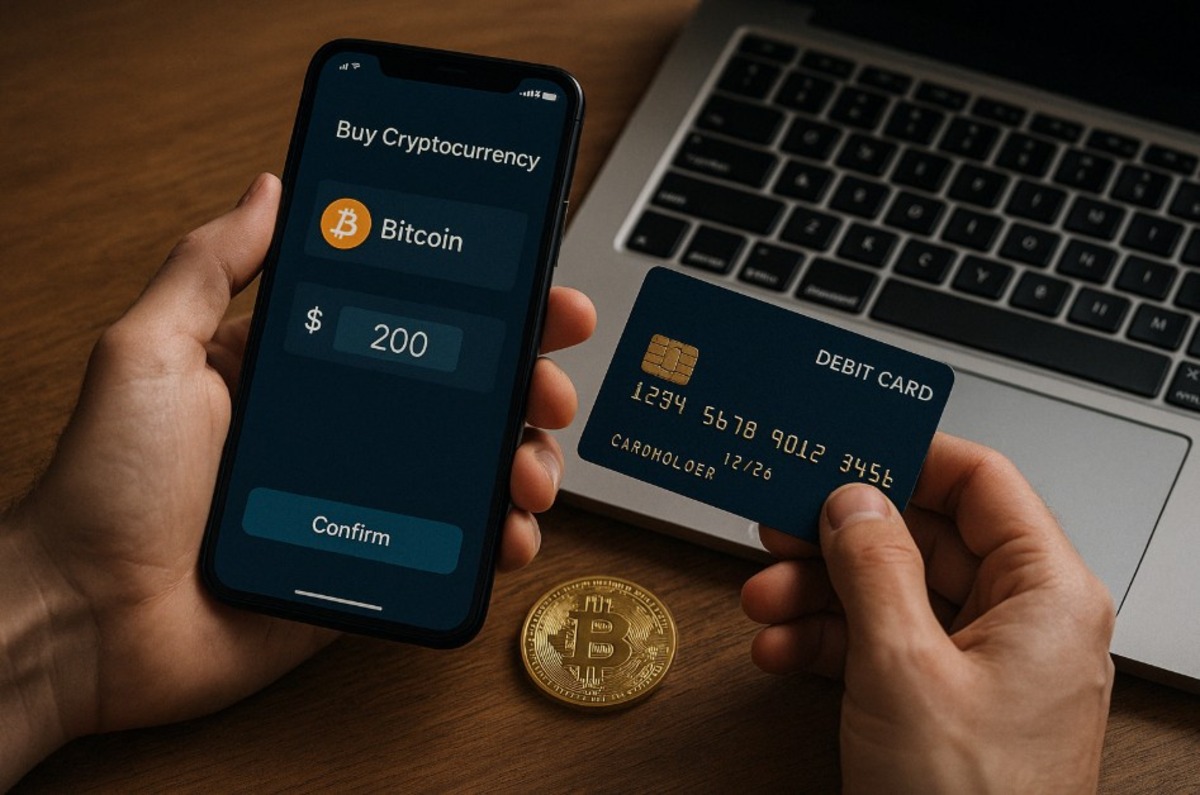 Imagem de um símbolo de bitcoin ao lado de um cartão de débito, representando métodos de pagamento digital