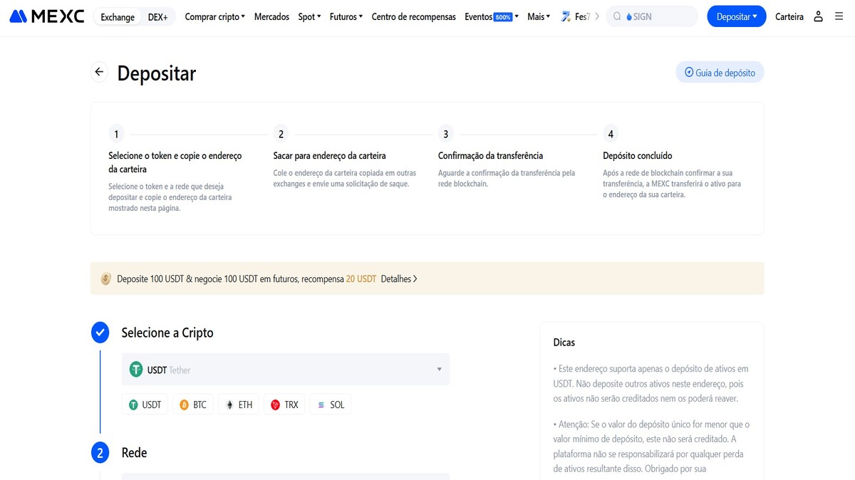 Interface de depósito da plataforma MEXC com instruções para depositar USDT e selecionar criptomoedas.
