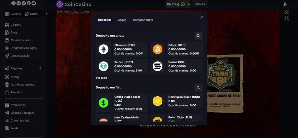 Imagem mostra carteira para deposito e saque em cassino online, com destaque para as operações com criptomoedas