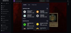 Imagem mostra carteira para deposito e saque em cassino online, com destaque para as operações com criptomoedas