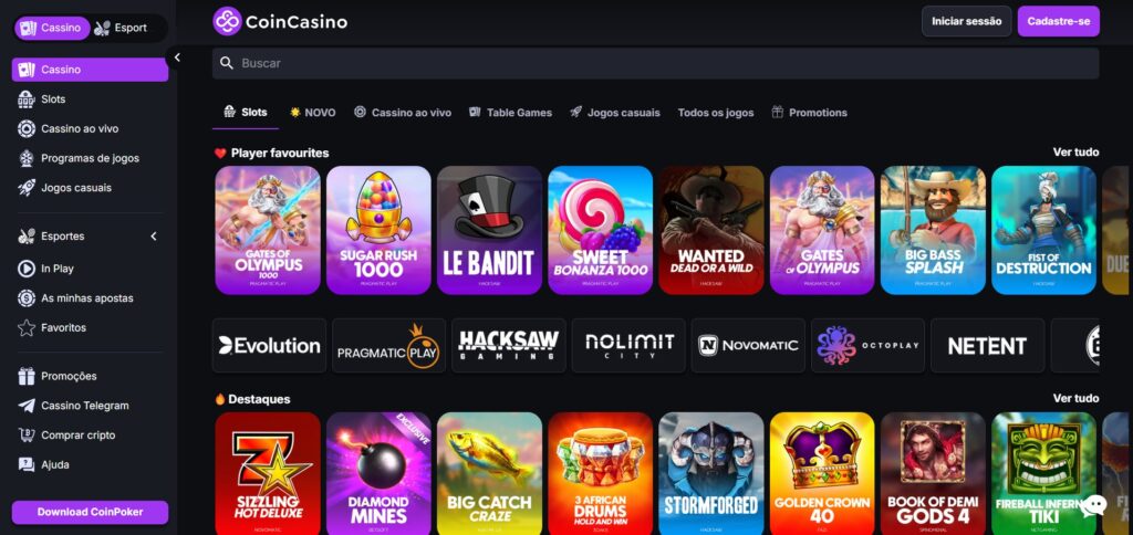 Tela dos jogos do CoinCasino para analise