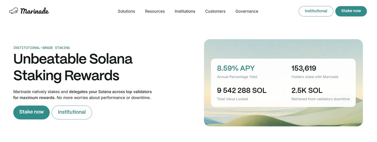 Homepage da Marinade Finance, um dos projetos da Solana