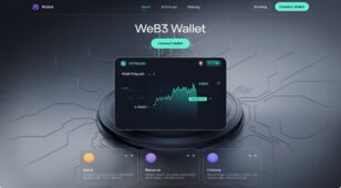 Imagem do Web3 Wallet com interface mostrando gráfico de desempenho, funções de envio, recebimento e histórico de transações.