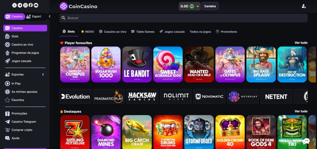 Imagem mostra a interface de navegação no CoinCasino