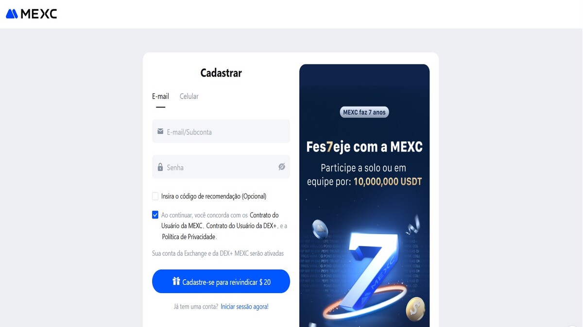 Tela de cadastro da plataforma de criptomoedas MEXC, mostrando campos para e-mail e senha, além de informações de participação em evento.