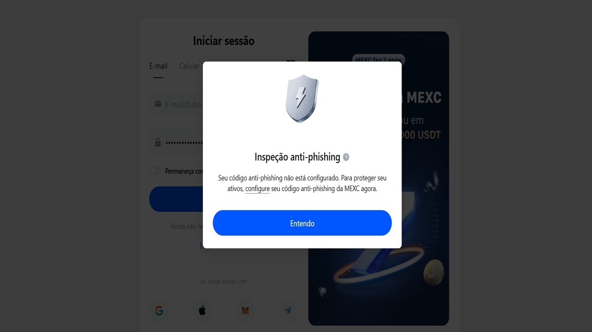 Imagem mostrando um alerta de inspeção anti-phishing na plataforma de negociação de criptomoedas. Recomenda configurar medidas para proteção de ativos.