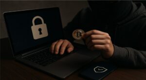 Imagem de uma negociação de Bitcoin, mostrando um usuário segurando uma moeda digital em frente a um laptop com ícone de segurança.