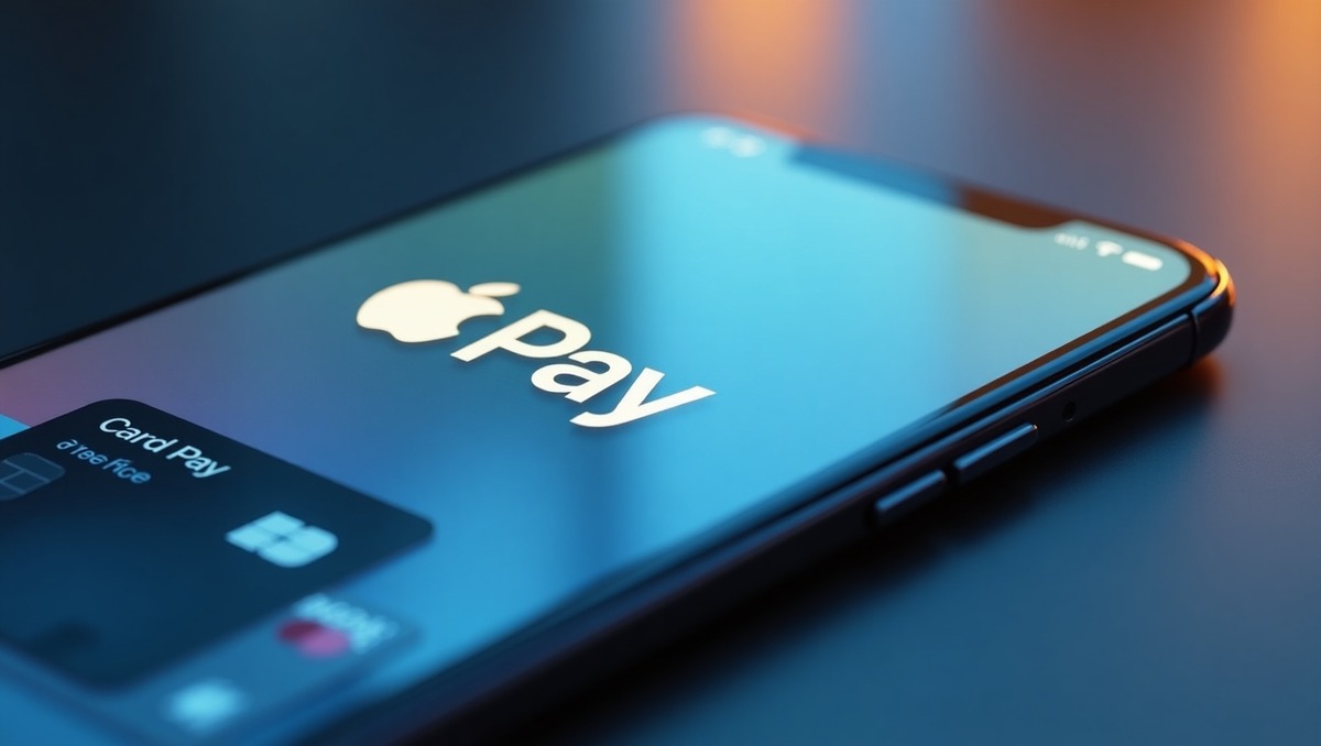 Imagem de um smartphone exibindo o aplicativo Apple Pay com foco no logotipo. Ideal para pagamentos digitais e serviços financeiros.