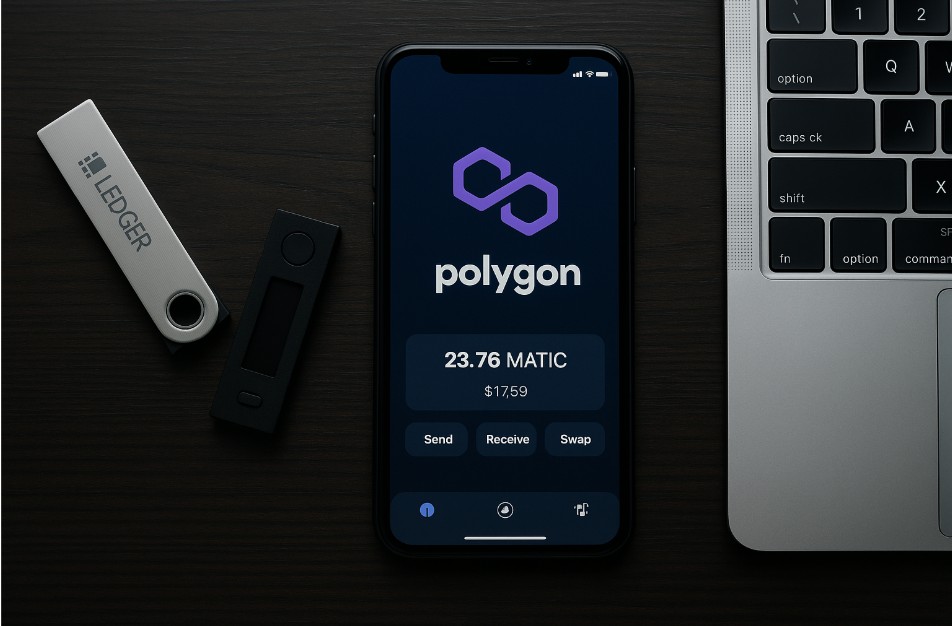 carteira Polygon em smartphone, destacando o saldo em MATIC e opções de transação. Dispositivos de armazenamento seguro em destaque.